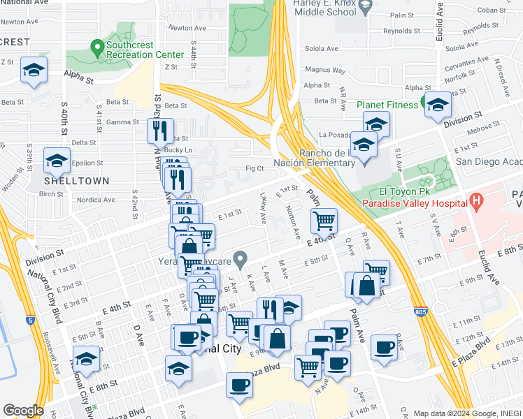 map of restaurants, bars, coffee shops, grocery stores, and more near 114 Laurel Avenue in National City