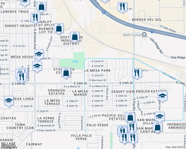 map of restaurants, bars, coffee shops, grocery stores, and more near 1314 East 23rd Place in Yuma