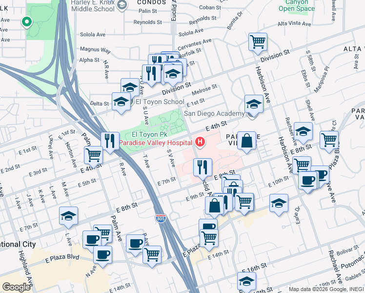 map of restaurants, bars, coffee shops, grocery stores, and more near 2320-22 East 5th Street in National City
