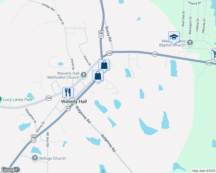 map of restaurants, bars, coffee shops, grocery stores, and more near 277 Waverly Circle in Waverly Hall
