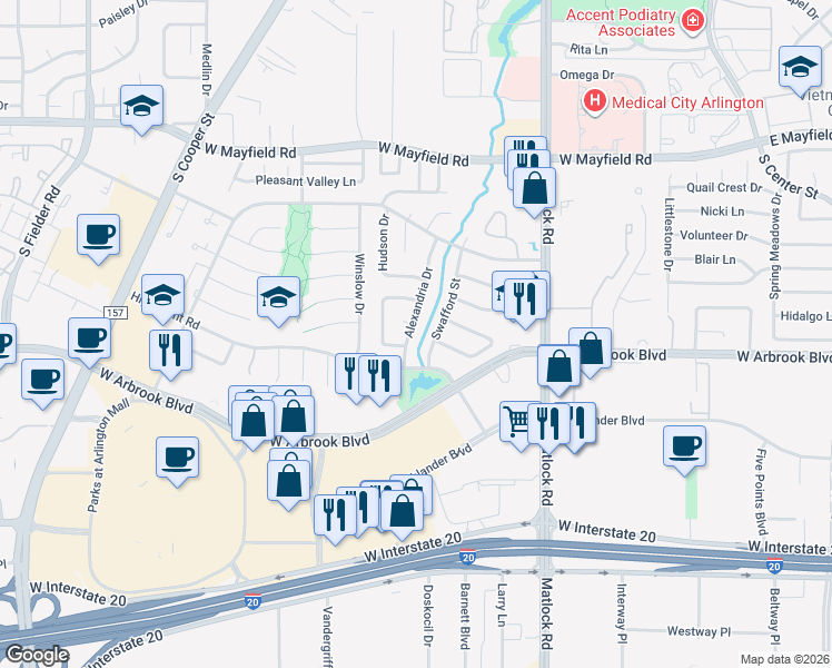 map of restaurants, bars, coffee shops, grocery stores, and more near 3617 Alexandria Drive in Arlington