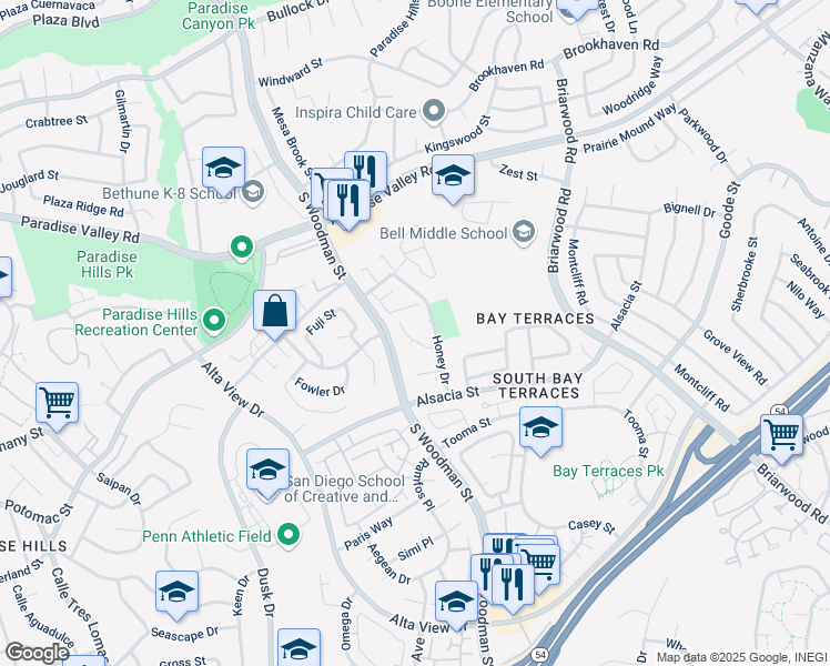 map of restaurants, bars, coffee shops, grocery stores, and more near 6942 May Court in San Diego
