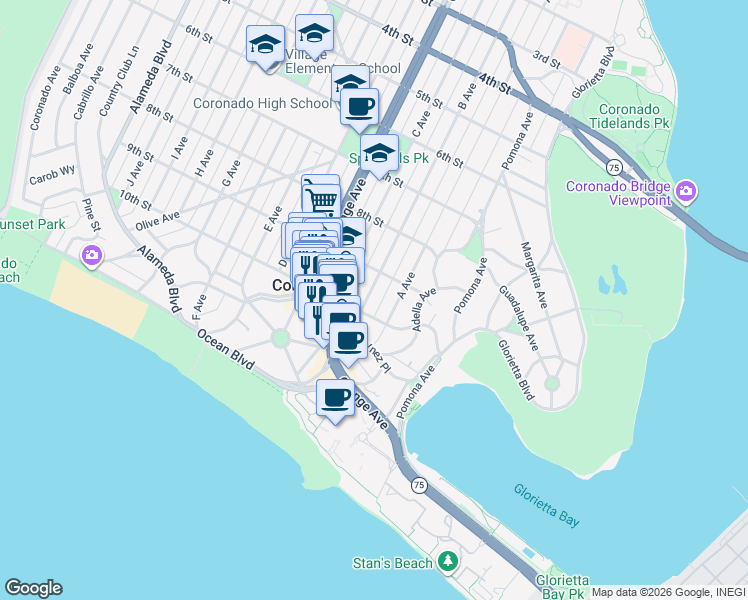map of restaurants, bars, coffee shops, grocery stores, and more near in Coronado