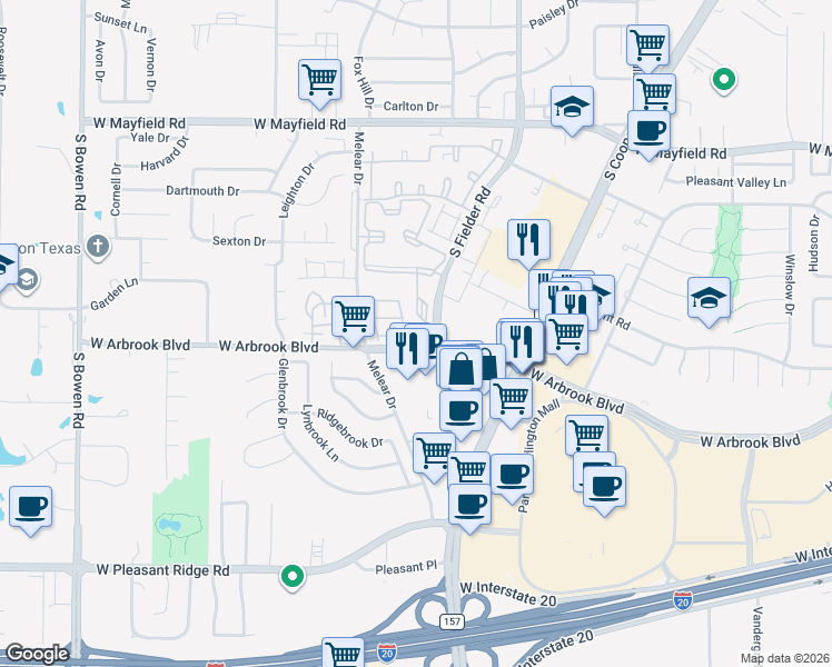 map of restaurants, bars, coffee shops, grocery stores, and more near 1601 West Arbrook Boulevard in Arlington