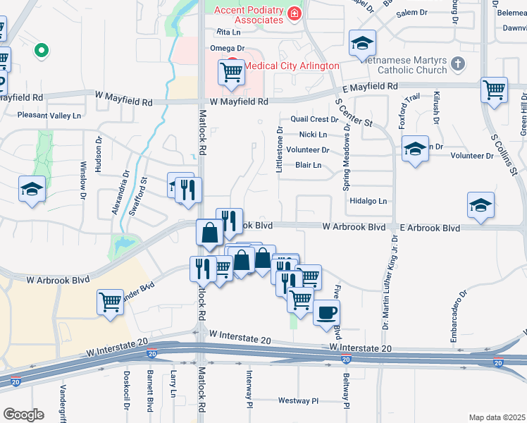 map of restaurants, bars, coffee shops, grocery stores, and more near 401 West Arbrook Boulevard in Arlington