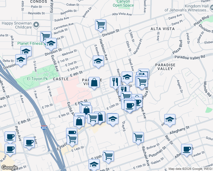 map of restaurants, bars, coffee shops, grocery stores, and more near 671 Paradise Way in National City