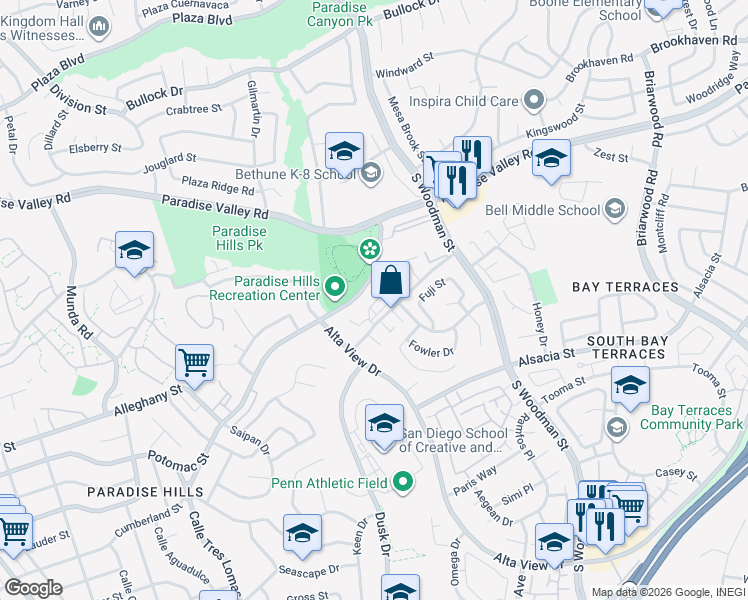 map of restaurants, bars, coffee shops, grocery stores, and more near 6650 Doriana Street in San Diego
