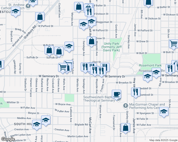 map of restaurants, bars, coffee shops, grocery stores, and more near 4246 Mc Cart Avenue in Fort Worth