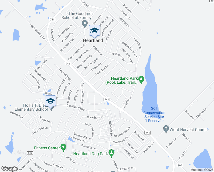 map of restaurants, bars, coffee shops, grocery stores, and more near 2015 Woodhurst Trail in Forney