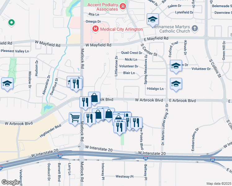map of restaurants, bars, coffee shops, grocery stores, and more near 3624 Monterra Court in Arlington