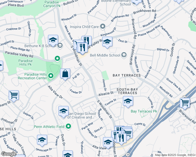 map of restaurants, bars, coffee shops, grocery stores, and more near 6942 May Court in San Diego
