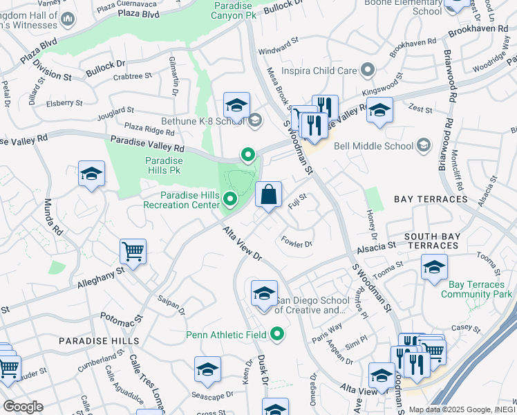map of restaurants, bars, coffee shops, grocery stores, and more near 6690 Doriana Street in San Diego