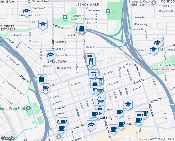 map of restaurants, bars, coffee shops, grocery stores, and more near 4274 Division Street in San Diego