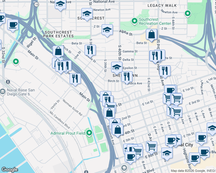 map of restaurants, bars, coffee shops, grocery stores, and more near 3930 Cottonwood Street in San Diego