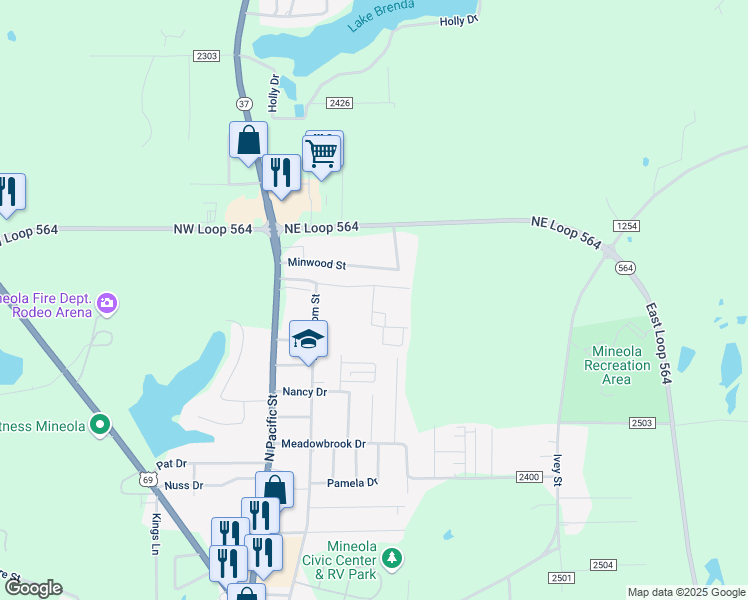 map of restaurants, bars, coffee shops, grocery stores, and more near 135 Shady Lane in Mineola