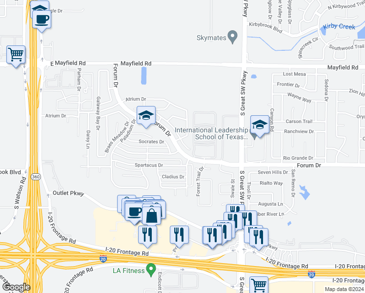 map of restaurants, bars, coffee shops, grocery stores, and more near 3420 Socrates Drive in Grand Prairie