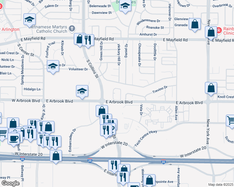 map of restaurants, bars, coffee shops, grocery stores, and more near 1101 East Arbrook Boulevard in Arlington