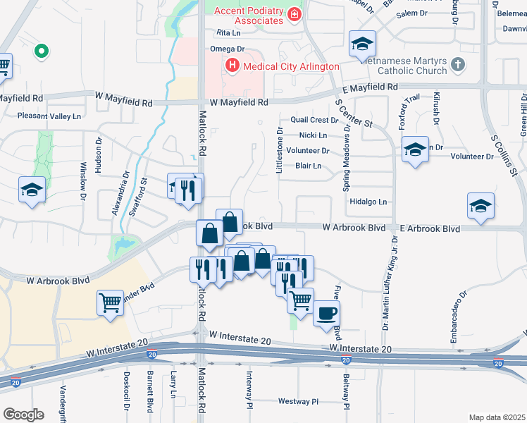 map of restaurants, bars, coffee shops, grocery stores, and more near 401 West Arbrook Boulevard in Arlington