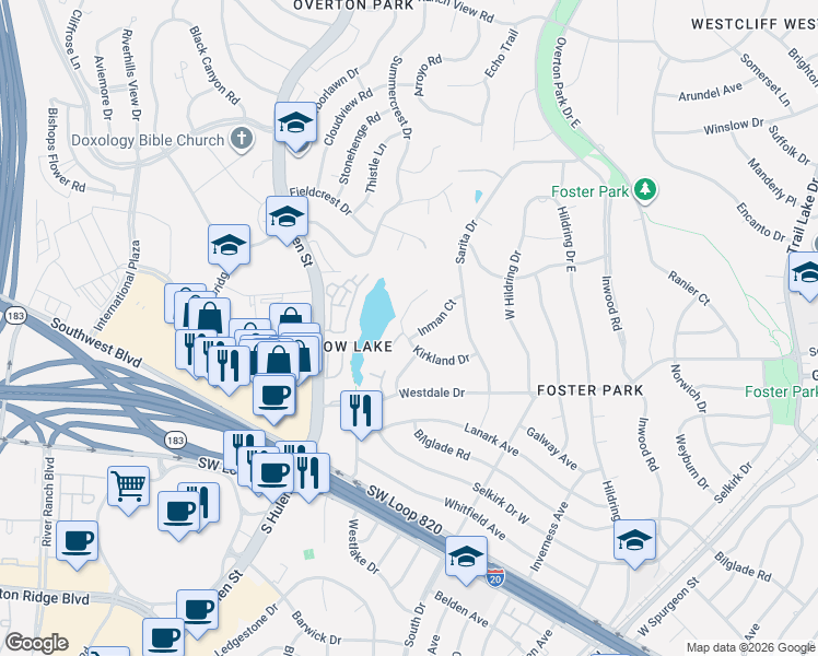 map of restaurants, bars, coffee shops, grocery stores, and more near 4201 Kirkland Court in Fort Worth