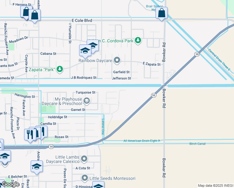 map of restaurants, bars, coffee shops, grocery stores, and more near 1321 Renison Street in Calexico