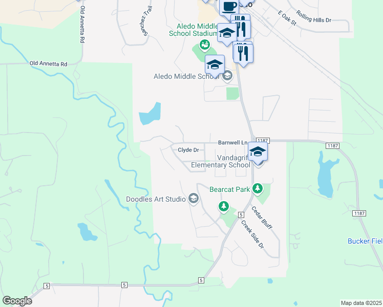 map of restaurants, bars, coffee shops, grocery stores, and more near 110 Clyde Drive in Aledo