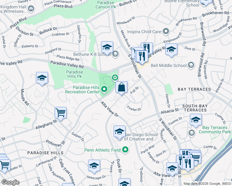 map of restaurants, bars, coffee shops, grocery stores, and more near 6650 Doriana Street in San Diego