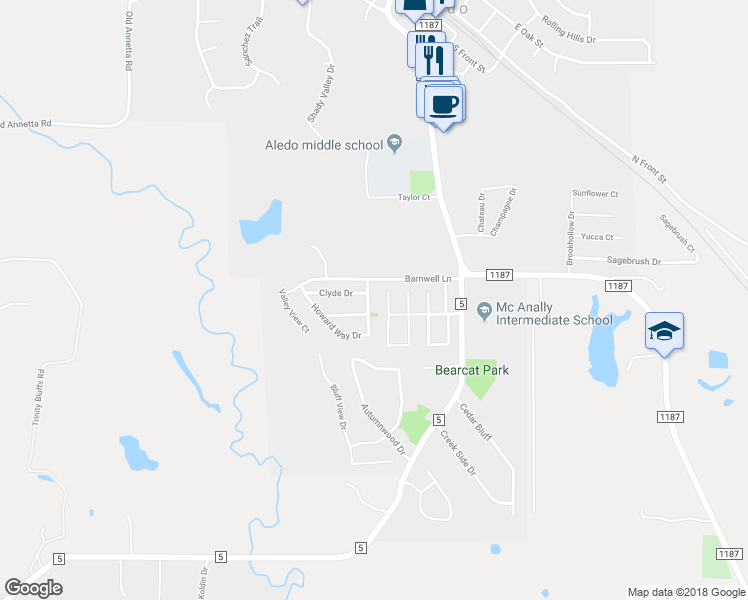 map of restaurants, bars, coffee shops, grocery stores, and more near 350 Howard Way Drive in Aledo