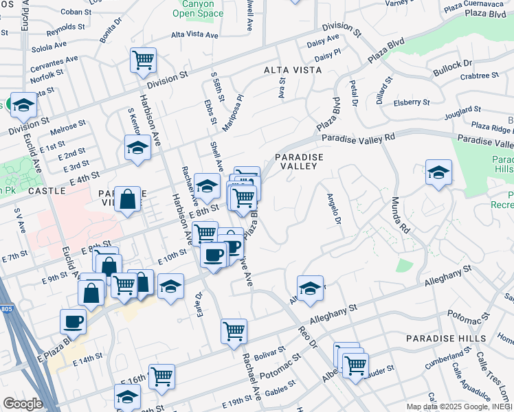 map of restaurants, bars, coffee shops, grocery stores, and more near 3426 East Plaza Boulevard in National City