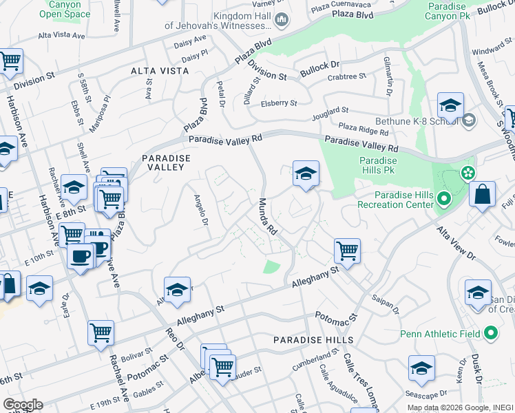 map of restaurants, bars, coffee shops, grocery stores, and more near 1565 Ridgewood Drive in San Diego