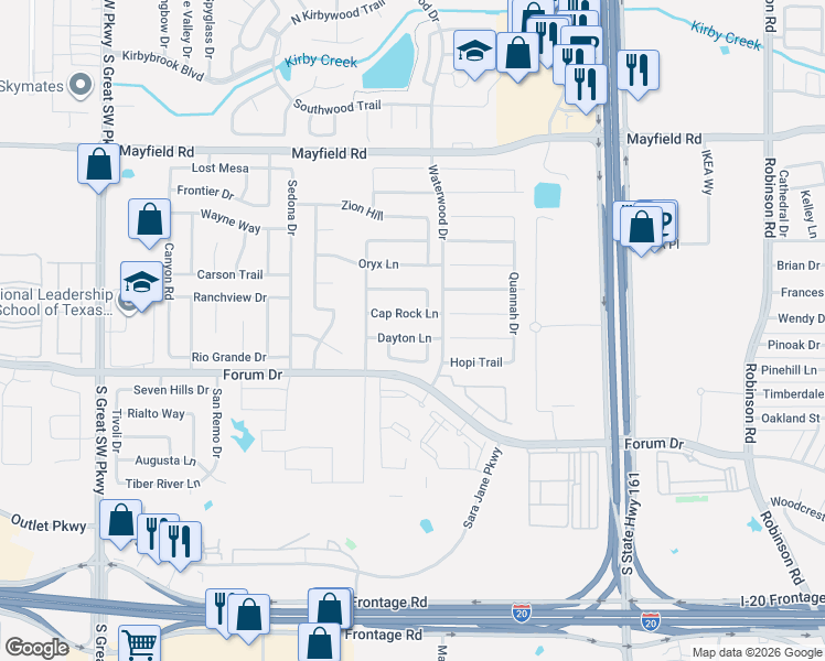 map of restaurants, bars, coffee shops, grocery stores, and more near 2119 Dayton Lane in Grand Prairie