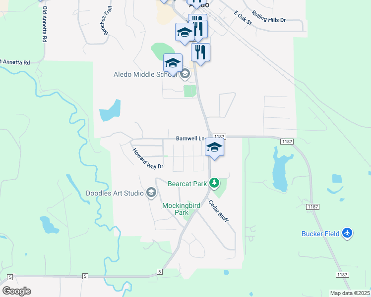 map of restaurants, bars, coffee shops, grocery stores, and more near 404 Taos Court East in Aledo