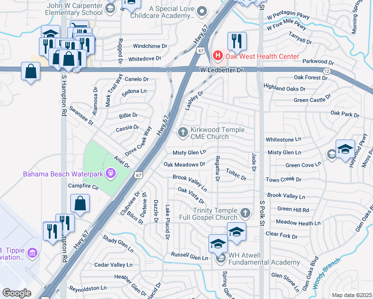 map of restaurants, bars, coffee shops, grocery stores, and more near 1416 Misty Glen Lane in Dallas