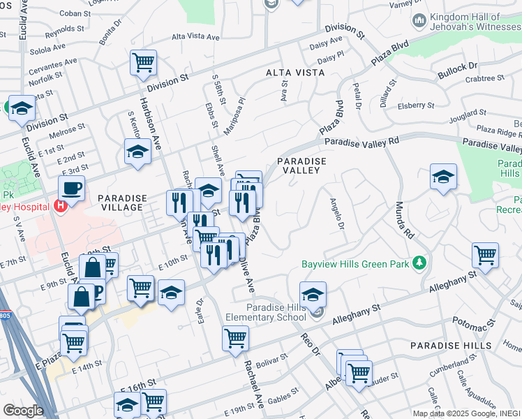 map of restaurants, bars, coffee shops, grocery stores, and more near 3426 East Plaza Boulevard in National City