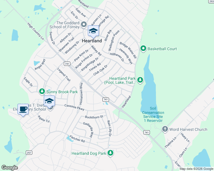 map of restaurants, bars, coffee shops, grocery stores, and more near 2017 Woodhurst Trail in Forney