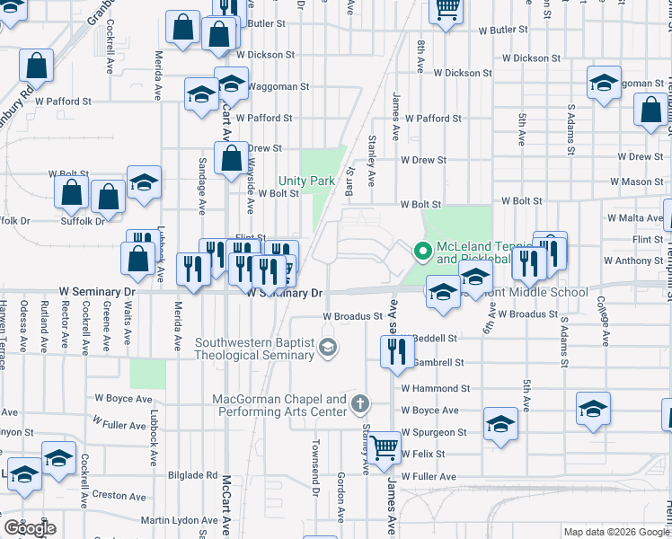 map of restaurants, bars, coffee shops, grocery stores, and more near in Fort Worth