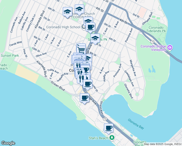 map of restaurants, bars, coffee shops, grocery stores, and more near in Coronado