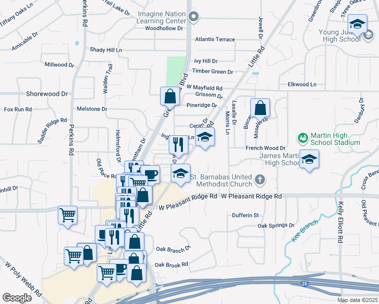 map of restaurants, bars, coffee shops, grocery stores, and more near 3800 Little Road in Arlington