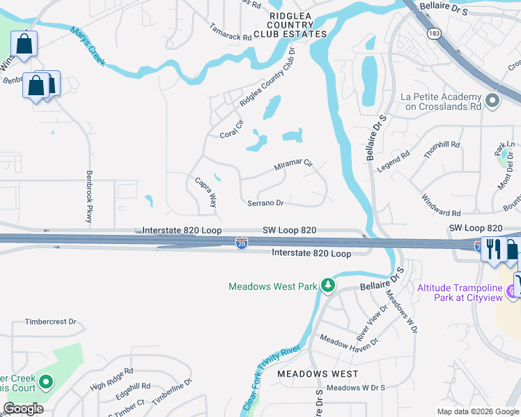 map of restaurants, bars, coffee shops, grocery stores, and more near 7009 Serrano Drive in Fort Worth