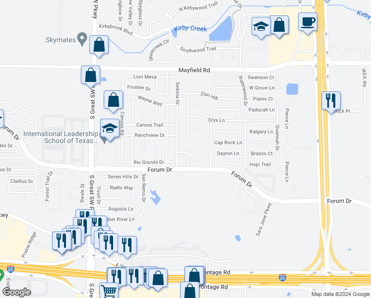 map of restaurants, bars, coffee shops, grocery stores, and more near 2304 Coyote Trail in Grand Prairie