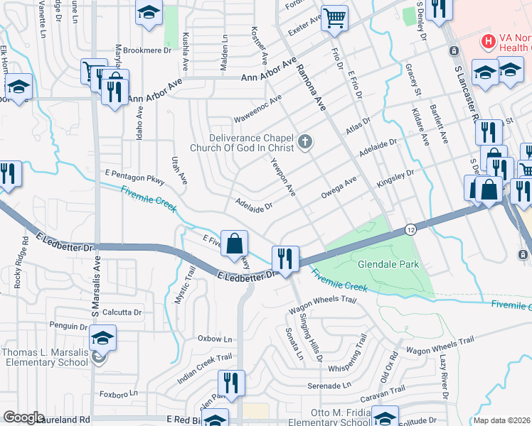 map of restaurants, bars, coffee shops, grocery stores, and more near 1325 Owega Avenue in Dallas