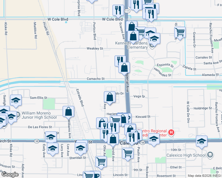map of restaurants, bars, coffee shops, grocery stores, and more near 166-182 Vernardo Drive in Calexico