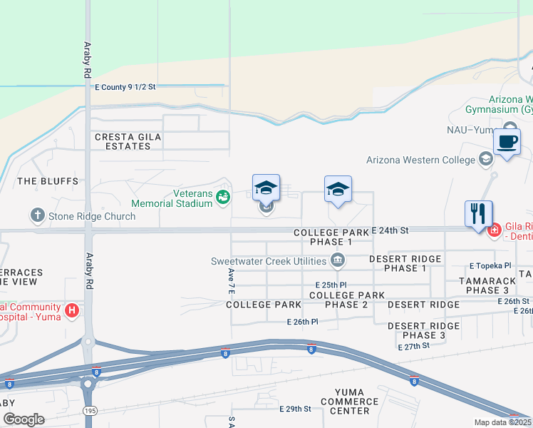 map of restaurants, bars, coffee shops, grocery stores, and more near 7150 East 24th Street in Yuma