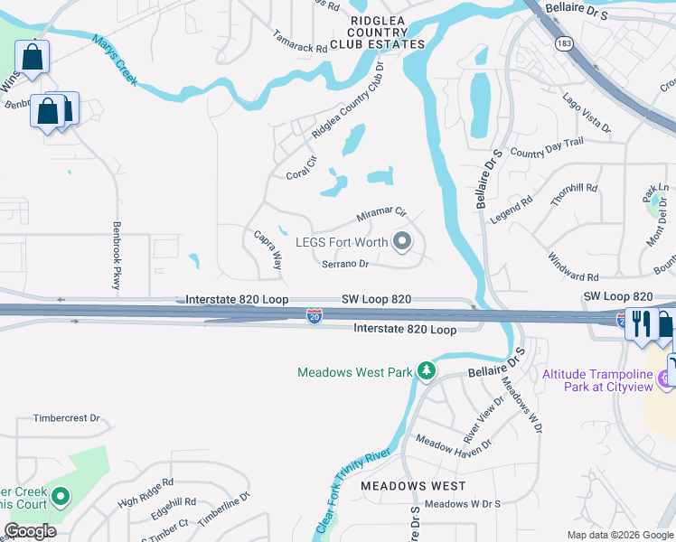 map of restaurants, bars, coffee shops, grocery stores, and more near 7009 Serrano Drive in Fort Worth