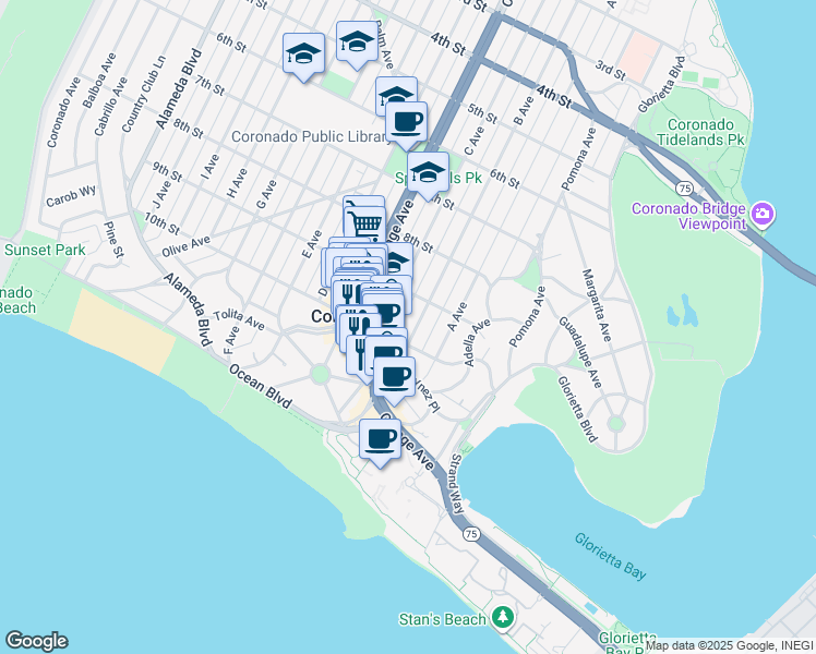 map of restaurants, bars, coffee shops, grocery stores, and more near 950 B Avenue in Coronado