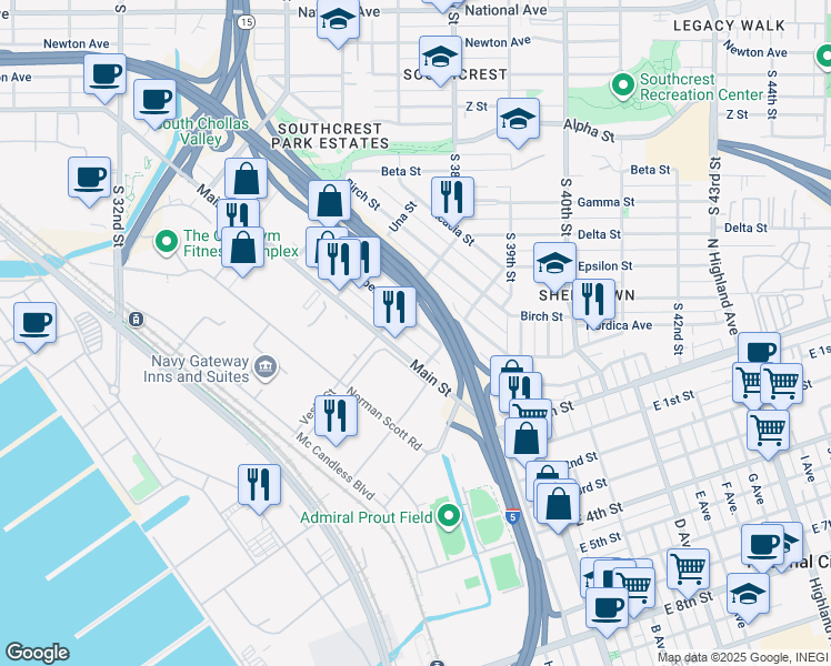 map of restaurants, bars, coffee shops, grocery stores, and more near 3747 Dalbergia Street in San Diego