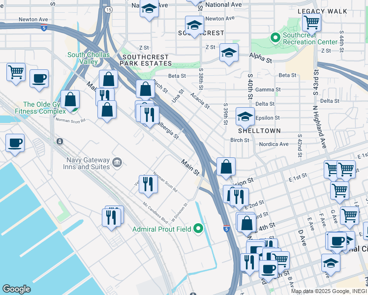 map of restaurants, bars, coffee shops, grocery stores, and more near 3747 Dalbergia Street in San Diego