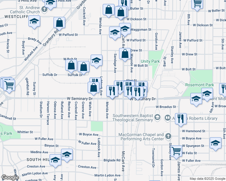 map of restaurants, bars, coffee shops, grocery stores, and more near 4228 Sandage Avenue in Fort Worth