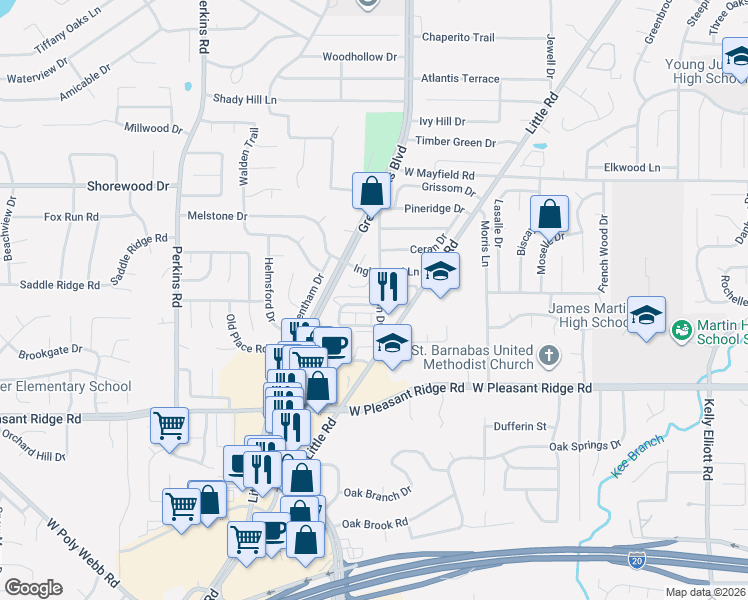 map of restaurants, bars, coffee shops, grocery stores, and more near 3801 Braden Lane in Arlington