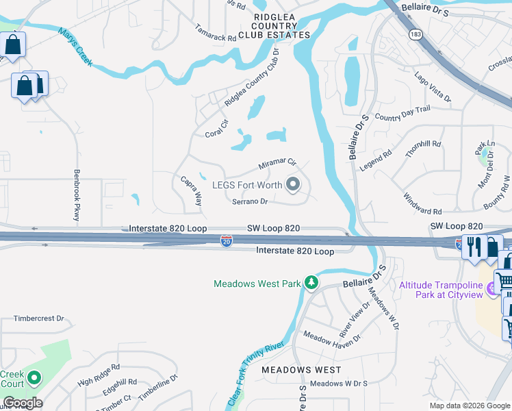 map of restaurants, bars, coffee shops, grocery stores, and more near 7009 Serrano Drive in Fort Worth