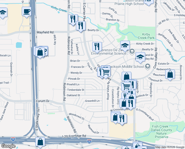 map of restaurants, bars, coffee shops, grocery stores, and more near 750 Pinoak Drive in Grand Prairie